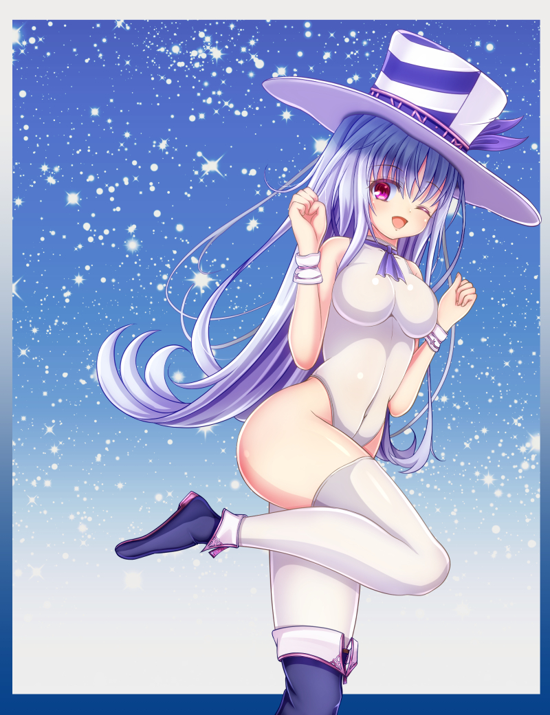 aneten boots breasts emil_chronicle_online hat kamishibaiya_iris large_breasts leotard long_hair red_eyes standing standing_on_one_leg thighhighs thighs white_hair white_hat white_thighhighs
