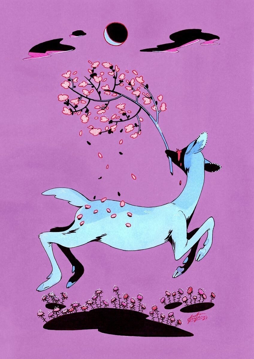 animal animal_focus black_clouds blood bloody_tears blue_fur branch crescent_moon crying deer falling_petals fawn fleebites flower holding holding_branch jumping moon no_humans original petals pink_flower pink_petals purple_background red_flower shadow simple_background traditional_media