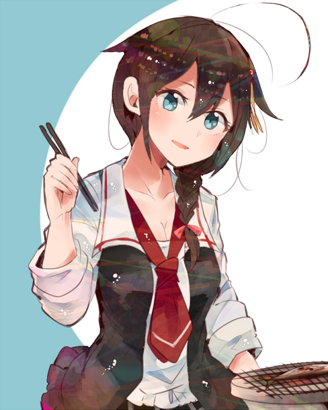 10s 1girl adapted_costume black_hair blue_eyes braid chopsticks female_focus fish fish_(food) frills griddle grill hair_flaps hair_over_shoulder head_tilt itomugi-kun kantai_collection necktie red_necktie shichirin shigure_(kancolle) shigure_kai_ni_(kancolle) single_braid solo