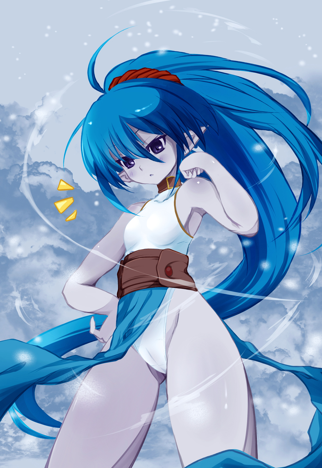 00s 1girl ahoge armpits awayuki_tobari blue_eyes blue_hair cameltoe celsius celsius_(tales) cloud colored_skin female_focus hair_between_eyes highres leotard long_hair looking_down matching_hair/eyes pointy_ears ponytail purple_skin sleeveless snow solo tales_of_(series) tales_of_eternia