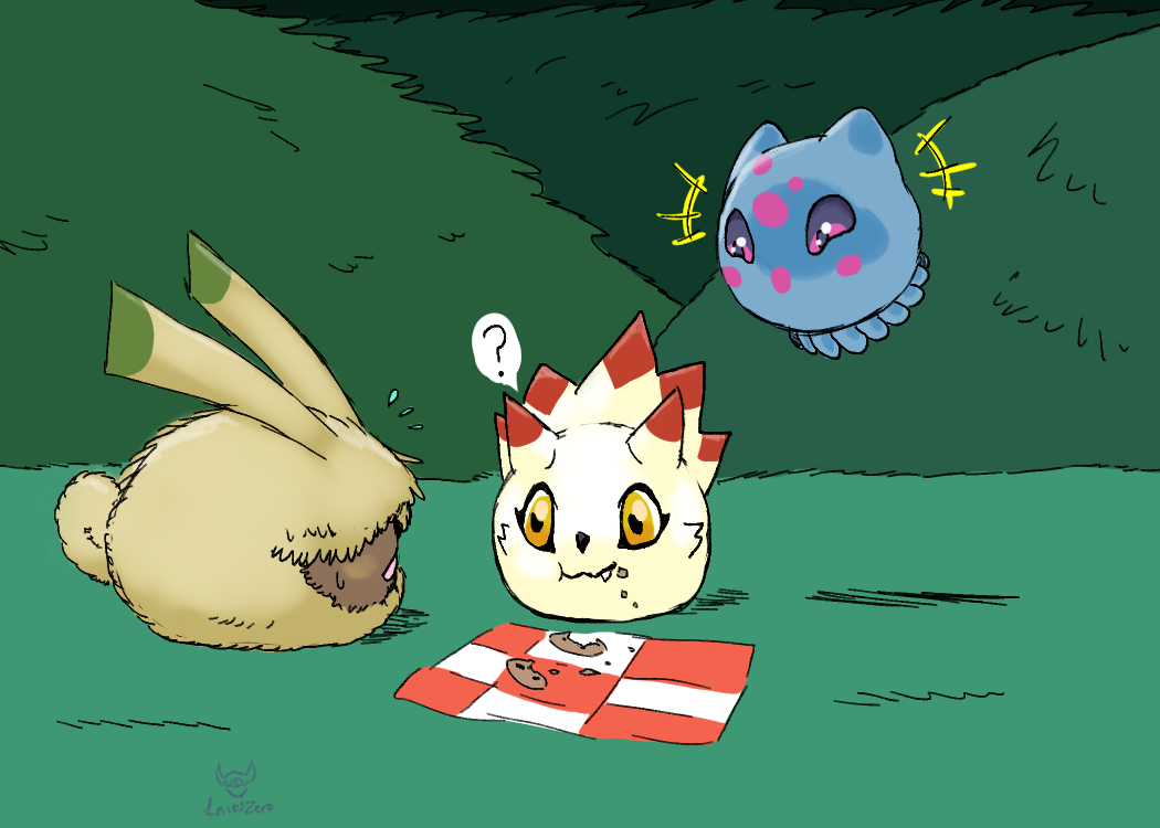 ? black_eyes bosamon digimon digimon_ghost_game eating floating fluff gurimon horns lavoszero looking_at_another picnic puyoyomon tail tentacles