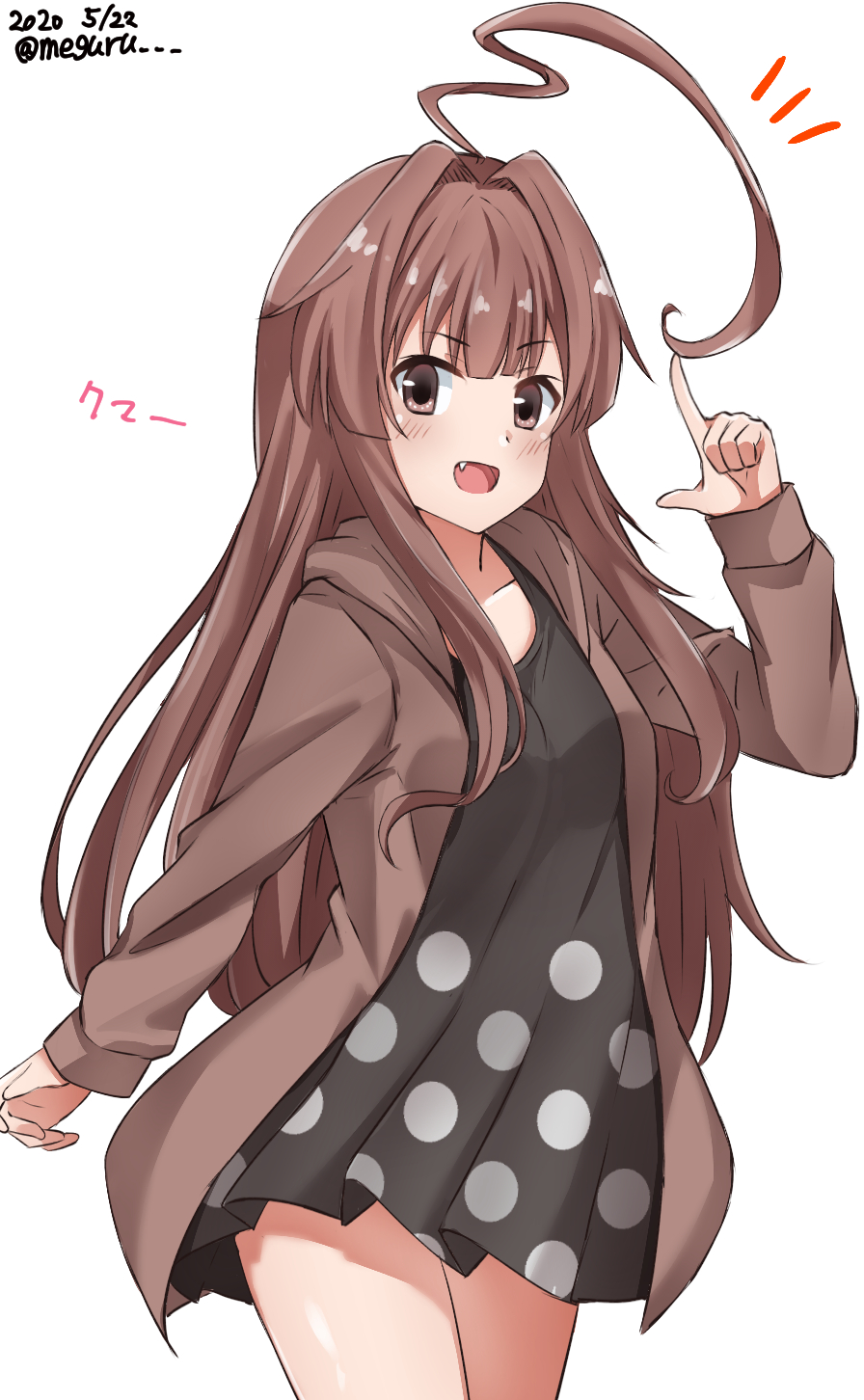 1girl ahoge black_dress brown_coat brown_eyes brown_hair coat dated dress fang female_focus highres hood hood_down hooded_coat hoodie huge_ahoge index_finger_raised kantai_collection kuma_(kancolle) kuma_(valentine)_(kancolle) long_hair meguru_(megurunn) one-hour_drawing_challenge open_clothes open_coat polka_dot polka_dot_dress simple_background smile solo twitter_username white_background