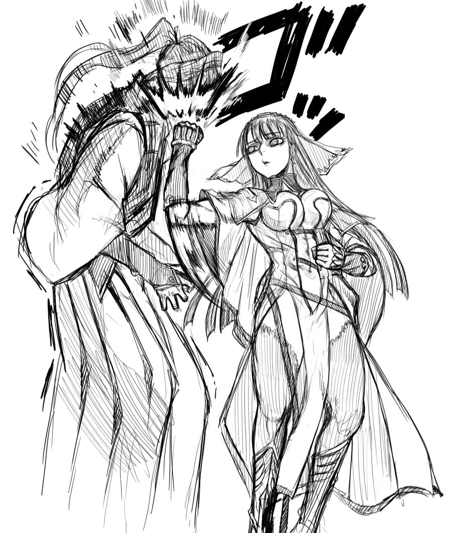 1boy 1girl armor sasaki_kojirou_(fate) breasts cleavage fate/grand_order fate/stay_night fate_(series) greyscale in_the_face large_breasts long_hair midriff monochrome monochrome navel ponytail punching martha_(fate) sasaki_kojirou takahashi_keitarou thighhighs