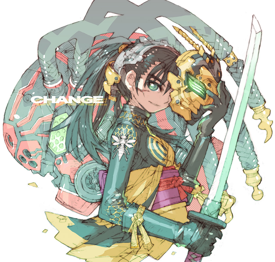 1boy 1girl black_gloves black_hair compound_eyes cyborg gloves green_eyes hachi-aug hachi_augment_01 hiromi_(shin_kamen_rider) holding holding_mask holding_sword holding_weapon honeycomb_(pattern) honeycomb_print japanese_clothes kamen_rider katana kimono looking_at_viewer man_spider mask nakayama_tooru science_fiction shin_kamen_rider simple_background sword tokusatsu translation_request twintails weapon white_background