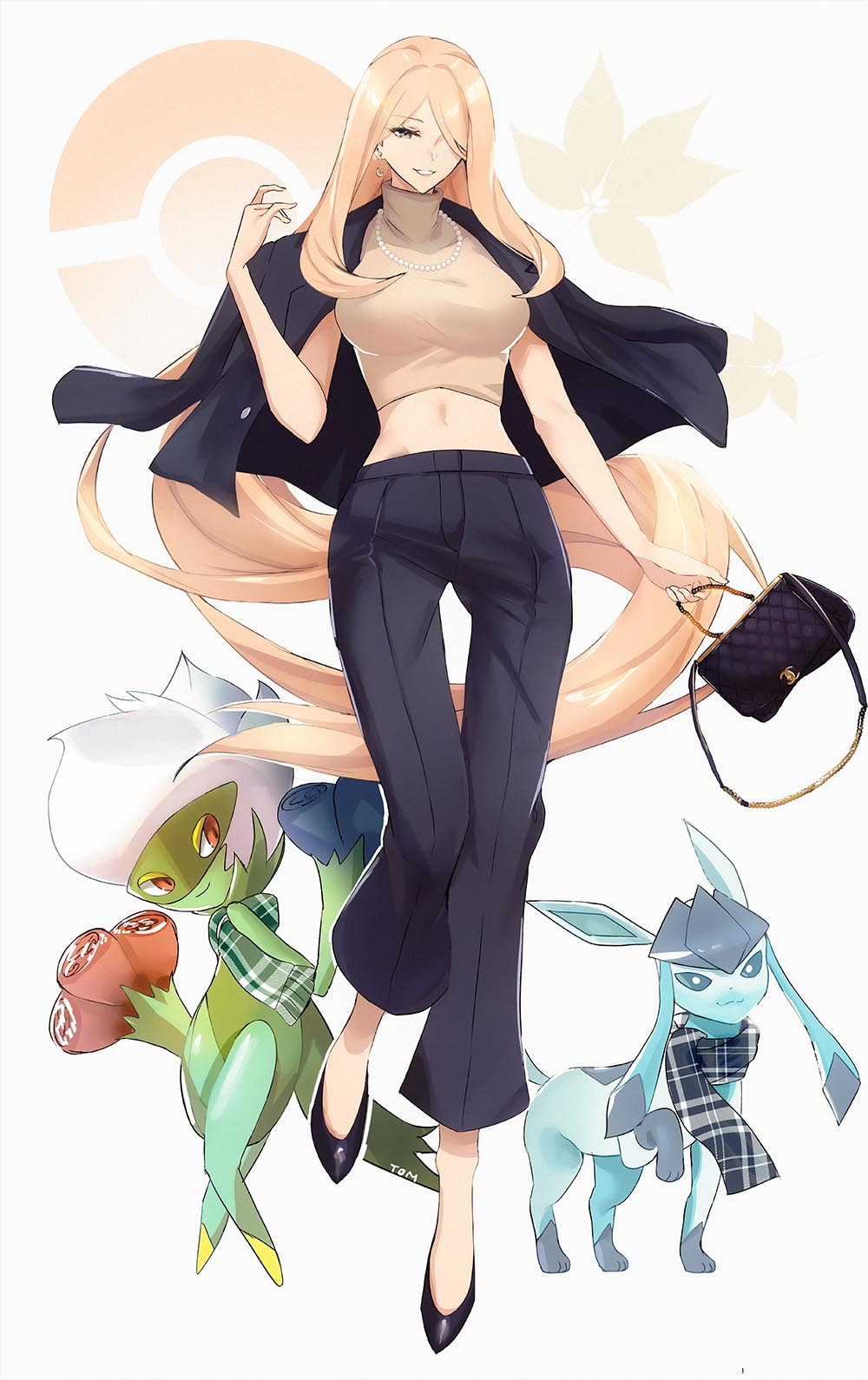 1girl alternate_costume bag blonde_hair breasts casual commentary crop_top cynthia_(pokemon) english_commentary full_body gen_4_pokemon glaceon hair_over_one_eye handbag highres jewelry large_breasts long_hair midriff navel necklace nintendo no_feet on_shoulder pearl_necklace poke_ball_symbol pokemon pokemon_(creature) pokemon_dppt roserade scarf simple_background smile standing stomach tommy_(kingdukeee) very_long_hair white_background