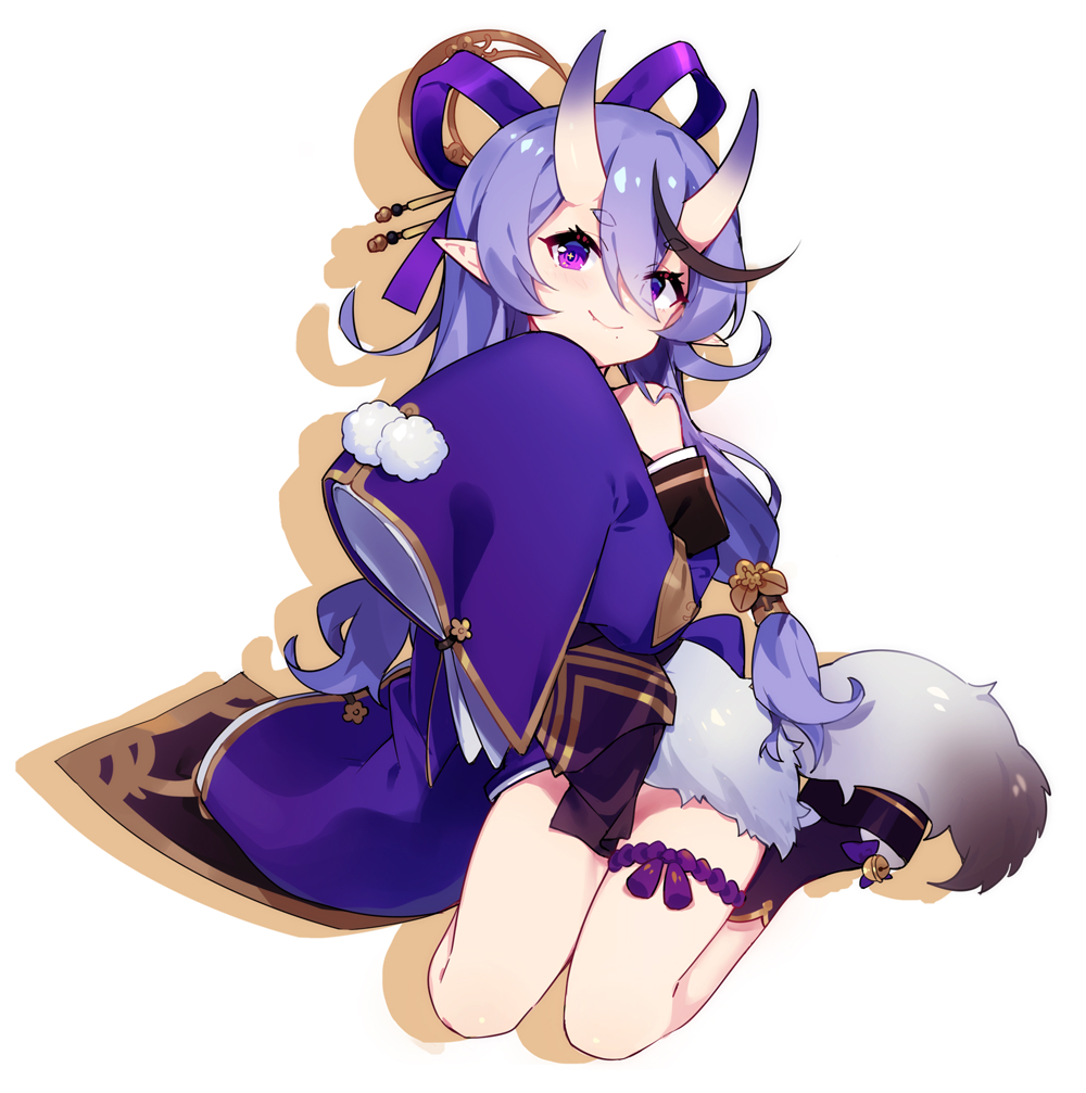 1girl blush closed_mouth detached_sleeves fang female_focus hair_ribbon horns long_sleeves looking_at_viewer mole mole_under_mouth nijisanji pointy_ears purple_eyes purple_hair purple_ribbon ribbon rindou_mikoto seiza sharlorc sitting sleeves_past_wrists smile solo virtual_youtuber