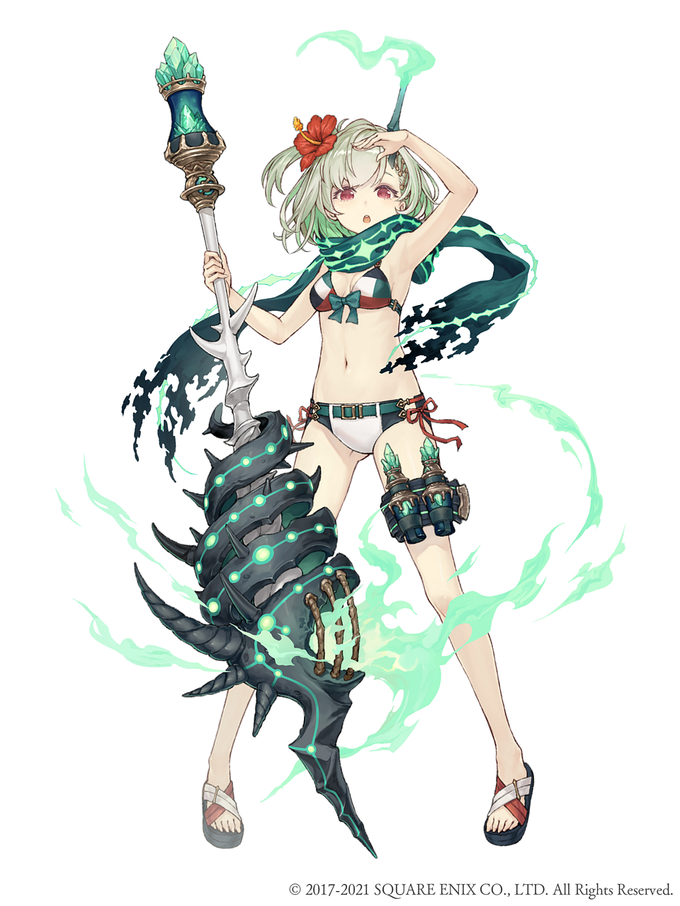 1girl :o bikini bow breasts flower full_body green_hair hair_flower hair_ornament highres horns ji_no little_match_girl_(sinoalice) looking_at_viewer mace navel official_art red_eyes sandals scarf single_horn sinoalice small_breasts solo square_enix swimsuit thigh_strap weapon white_background