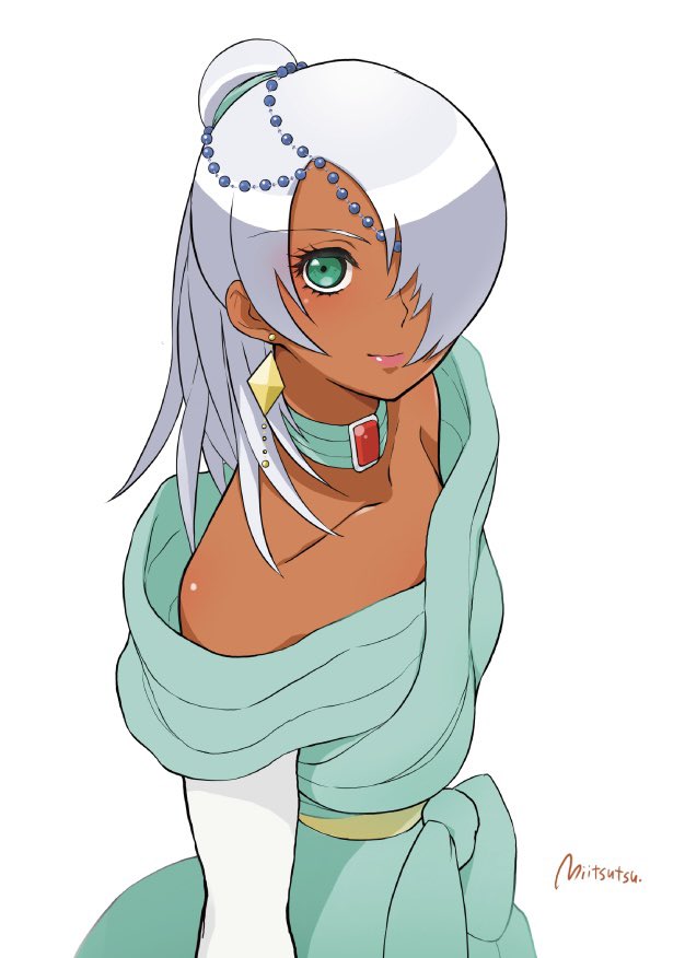 1boy aqua_dress artist_name closed_mouth collarbone commentary crossdressing dark-skinned_male dark_skin diamond_earrings dress earrings eyelashes from_above green_eyes grey_hair gundam hair_over_one_eye jewelry laura_rolla long_hair loran_cehack male_focus mitsutsu322 pink_lips ponytail simple_background smile solo trap turn_a_gundam twitter_username white_background