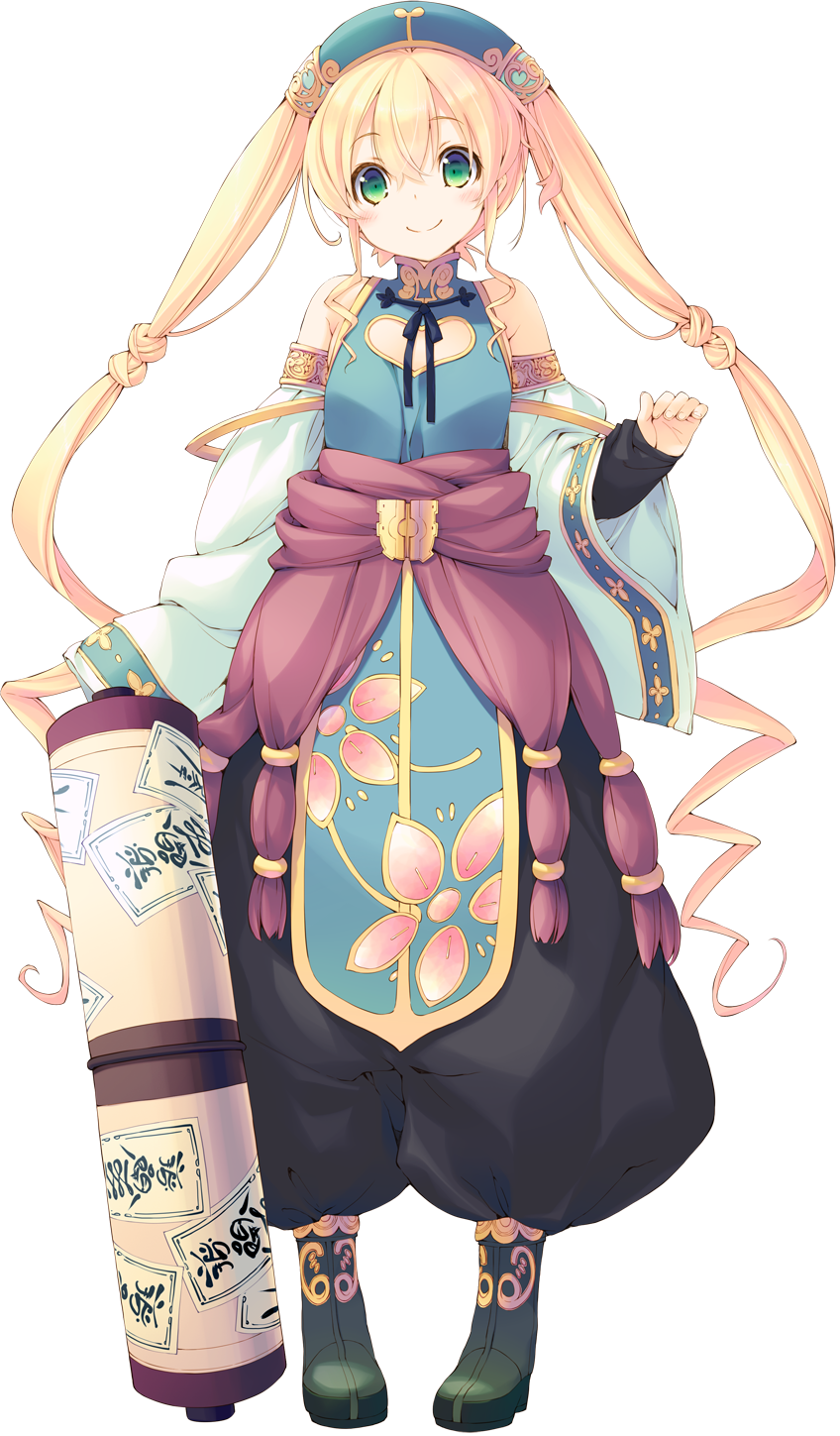 1girl aquaplus blonde_hair boots detached_sleeves dungeon_travelers_2 erthuricia_vitor_de_ritzhevin female_focus full_body green_eyes headdress highres kokonoka long_hair looking_at_viewer official_art scroll smile solo transparent_background twintails very_long_hair