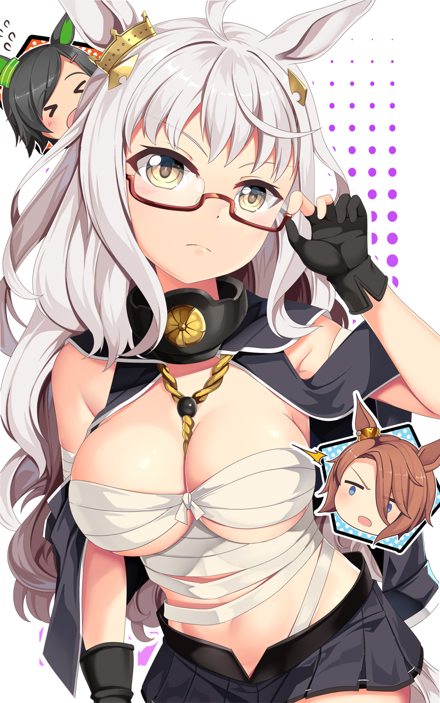 &gt;_&lt; 3girls :o ^^^ adjusting_eyewear animal_ears biwa_hayahide_(umamusume) black_gloves black_hair black_skirt blush breasts brown_hair budget_sarashi chest_sarashi cleavage closed_mouth cosplay flying_sweatdrops glasses gloves highres horse_ears horse_girl kantai_collection large_breasts long_hair multiple_girls musashi_(kancolle) musashi_(kancolle)_(cosplay) narita_taishin_(umamusume) open_mouth partially_fingerless_gloves pleated_skirt red-framed_eyewear sarashi semi-rimless_eyewear short_hair skirt umamusume under-rim_eyewear white_hair winning_ticket_(umamusume) yasume_yukito yellow_eyes