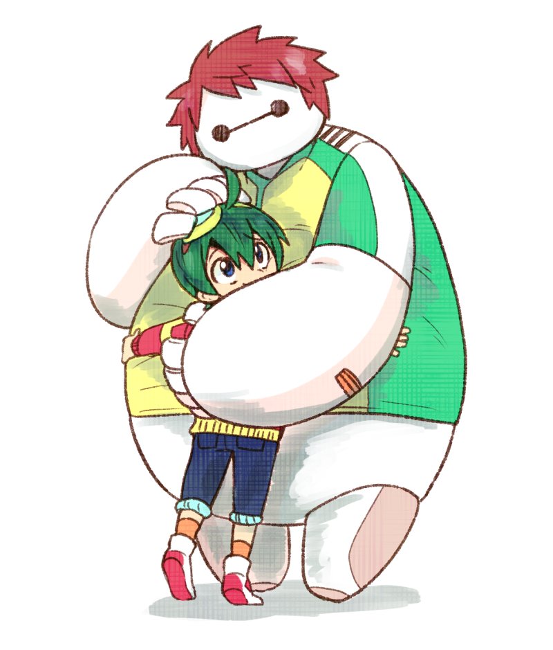 2girls appmon baymax big_hero_6 blue_eyes blue_pants cosplay crossover denim digimon digimon_universe:_appli_monsters disney goggles goggles_on_head green_hair green_jacket haruma7910 hug jacket jeans long_sleeves multiple_girls orange_socks ozora_yujin ozora_yujin_(cosplay) pants red_footwear red_hair red_jacket robot shinkai_haru shoes short_hair smile socks white_background