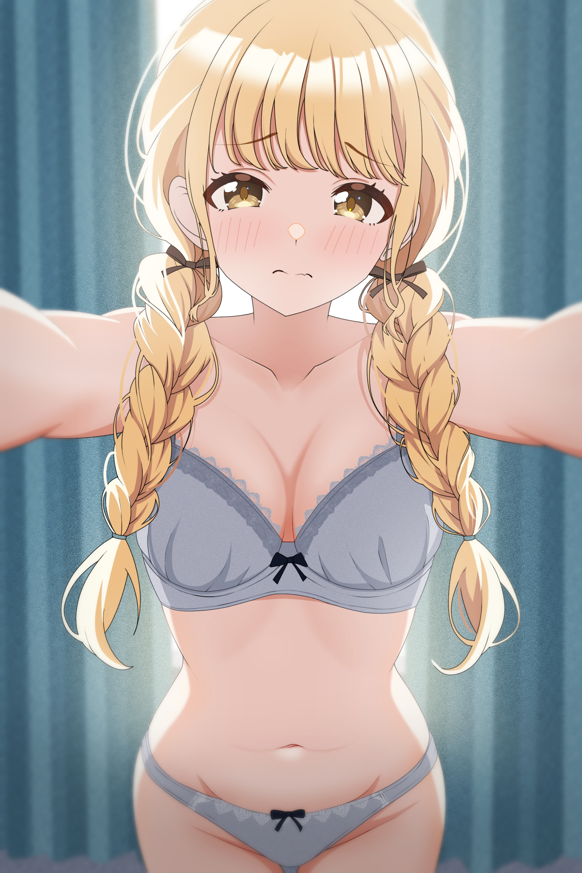 1girl absurdres black_ribbon blonde_hair blush bra braid breasts cleavage collarbone commentary fujita_kotone gakuen_idolmaster groin highres idolmaster indoors long_hair looking_at_viewer medium_breasts musha_no_kozi navel panties ribbon ribbon-trimmed_bra ribbon-trimmed_panties ribbon_trim solo stomach twin_braids underwear underwear_only yellow_eyes