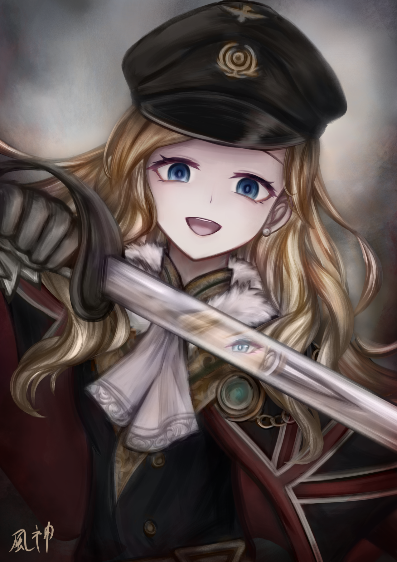 2girls :d ascot azur_lane black_hat blonde_hair blue_dress blue_eyes commentary_request dark_persona dress earrings fuugami gloves gradient_background hat highres holding holding_sword holding_weapon hood_(azur_lane) jewelry military_hat multiple_girls open_mouth reflection reflective_weapon smile sword union_jack_print upper_body weapon white_ascot white_gloves