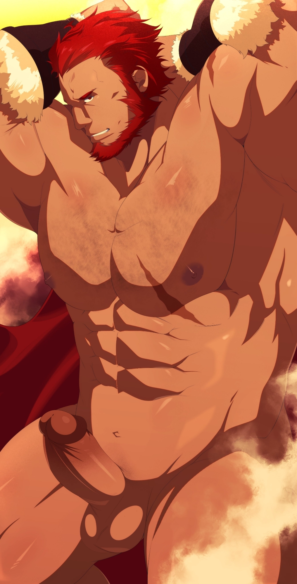1boy abs armpits arms_behind_head bara beard commentary dark-skinned_male dark_skin english_commentary erection facial_hair fate/grand_order fate_(series) gafou01 highres iskandar_(fate) looking_at_viewer male_focus muscular muscular_male nipples nude pectorals penis profile red_hair scar scar_on_chest testicles