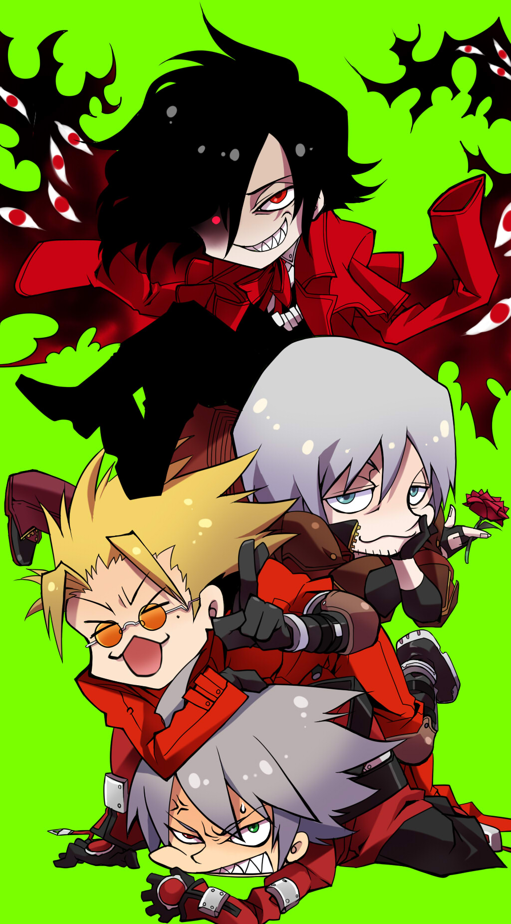 4boys alucard_(hellsing) anger_vein black_gloves black_hair blazblue blonde_hair blue_eyes brown_coat chibi clenched_teeth closed_eyes coat crossover dante_(devil_may_cry) devil_may_cry_(series) facial_hair fingerless_gloves flower gloves goatee_stubble green_background grey_hair hand_on_own_chin hellsing heterochromia highres holding holding_flower human_stacking jacket kaneaki_mukku multiple_boys orange-framed_eyewear ragna_the_bloodedge red_coat red_eyes red_flower red_jacket red_rose rose sharp_teeth stubble teeth trigun v vash_the_stampede