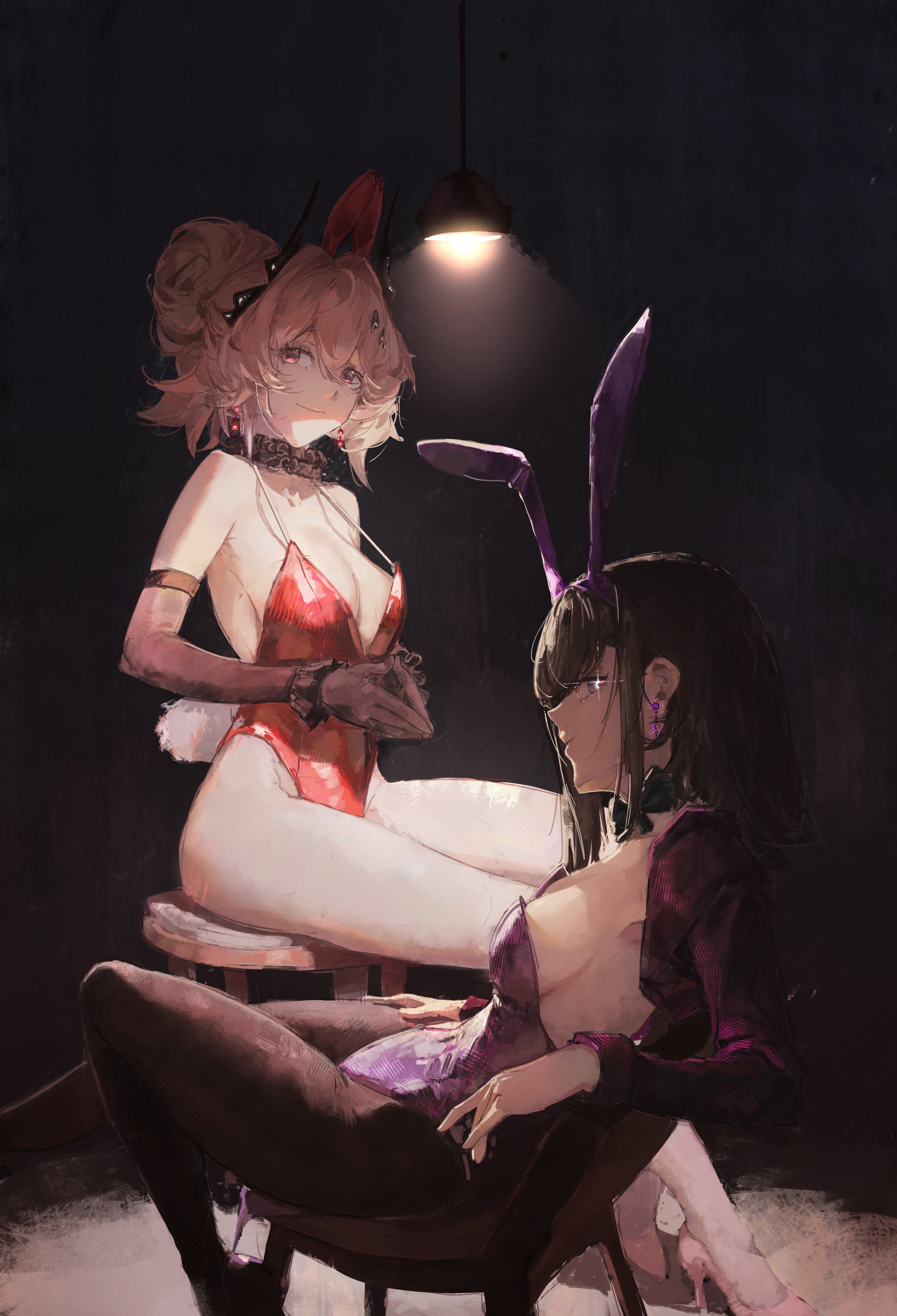 2girls absurdres alternate_costume animal_ears arknights bare_shoulders black_bow black_bowtie black_gloves black_hair black_pantyhose bow bowtie breasts chair choker closed_mouth commentary earrings elbow_gloves english_commentary fake_animal_ears floor_lamp frilled_choker frills gandy_(gan3e46) gloves hair_between_eyes head_wings high_heels highres indoors jewelry lamp leotard light_smile long_hair looking_at_viewer medium_breasts multiple_girls on_chair pantyhose pink_hair pink_shoes playboy_bunny priestess_(arknights) purple_leotard rabbit_ears red_eyes red_leotard shoes short_hair sitting theresa_(arknights) wings