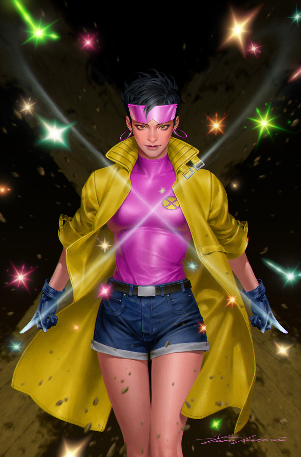 1girl belt black_gloves black_hair blue_shorts breasts brown_eyes coat denim denim_shorts earrings eyewear_on_head gloves highres hoop_earrings jewelry jubilee large_breasts long_coat looking_at_viewer marvel open_clothes open_coat pink_shirt shirt short_hair short_shorts shorts signature solo standing x-men yellow_coat yoon_junggeun
