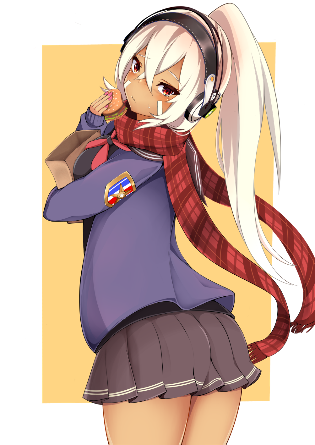 1girl alternate_costume azur_lane bad_id bad_pixiv_id black_skirt blue_cardigan blue_sweater blush breasts burger cain_(inosennto007) cardigan dark-skinned_female dark_skin eating facepaint female_focus fingernails food gyaru hair_between_eyes hair_intakes head_tilt headphones highres holding holding_food long_hair long_sleeves looking_at_viewer looking_back medium_breasts minneapolis_(azur_lane) minneapolis_(wild_huntress_schoolgirl)_(azur_lane) nail_polish native_american neckerchief orange_background pink_nails plaid_clothes plaid_scarf pleated_skirt ponytail red_eyes red_neckerchief sailor_collar scarf school_uniform sidelocks skirt sleeves_past_wrists solo sweatdrop sweater tan thighs two-tone_background white_background