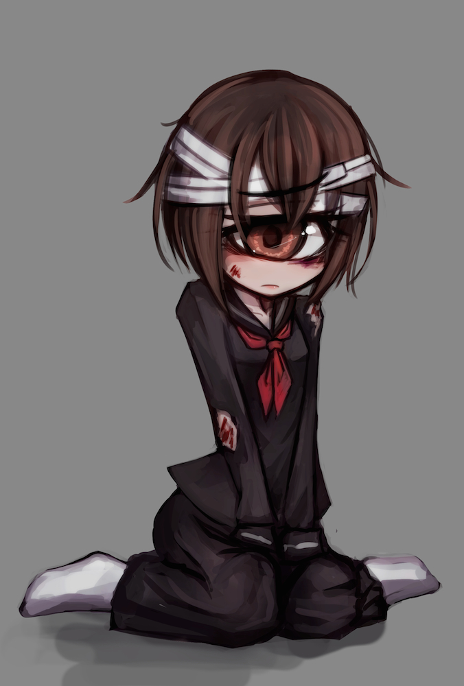 1girl bandages blood brown_eyes brown_hair cyclops deep_wound female_focus grey_background injury monster_girl one-eyed original ray-k school_uniform short_hair simple_background socks solo torn_clothes usui_sachi