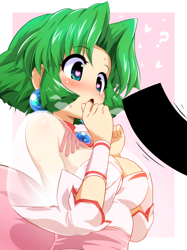 1girl ? back_bow bar_censor blunt_sidelocks blush bow breasts censored commentary_request earrings ellis_(toushinden) green_eyes heart heart-shaped_pupils jewelry konpeto necklace open_mouth parted_bangs see-through_clothes see-through_sleeves sexually_suggestive short_hair sidelocks simple_background sweat symbol-shaped_pupils toushinden wrist_cuffs