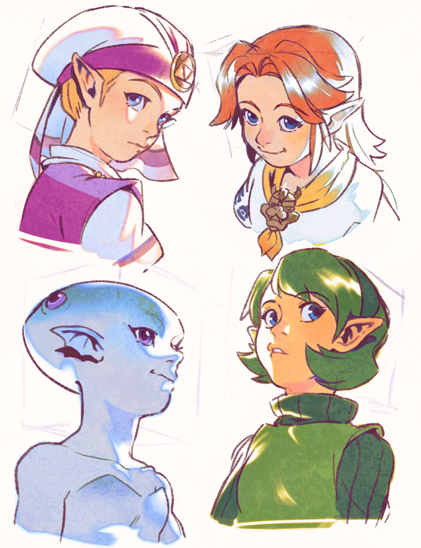 4girls blonde_hair blue_eyes child closed_mouth commentary cropped_shoulders dress fish_girl green_hair green_hairband green_sweater green_tunic hairband long_hair looking_afar looking_at_viewer looking_back malon multiple_girls neckerchief nintendo orange_hair parted_lips pink_dress pointy_ears princess_ruto princess_zelda purple_eyes saria_(zelda) short_hair sideways_glance sketch sweater symbol-only_commentary the_legend_of_zelda the_legend_of_zelda:_ocarina_of_time triforce tunic two-tone_dress uzucake white_background white_dress white_headdress yellow_neckerchief young_zelda zora
