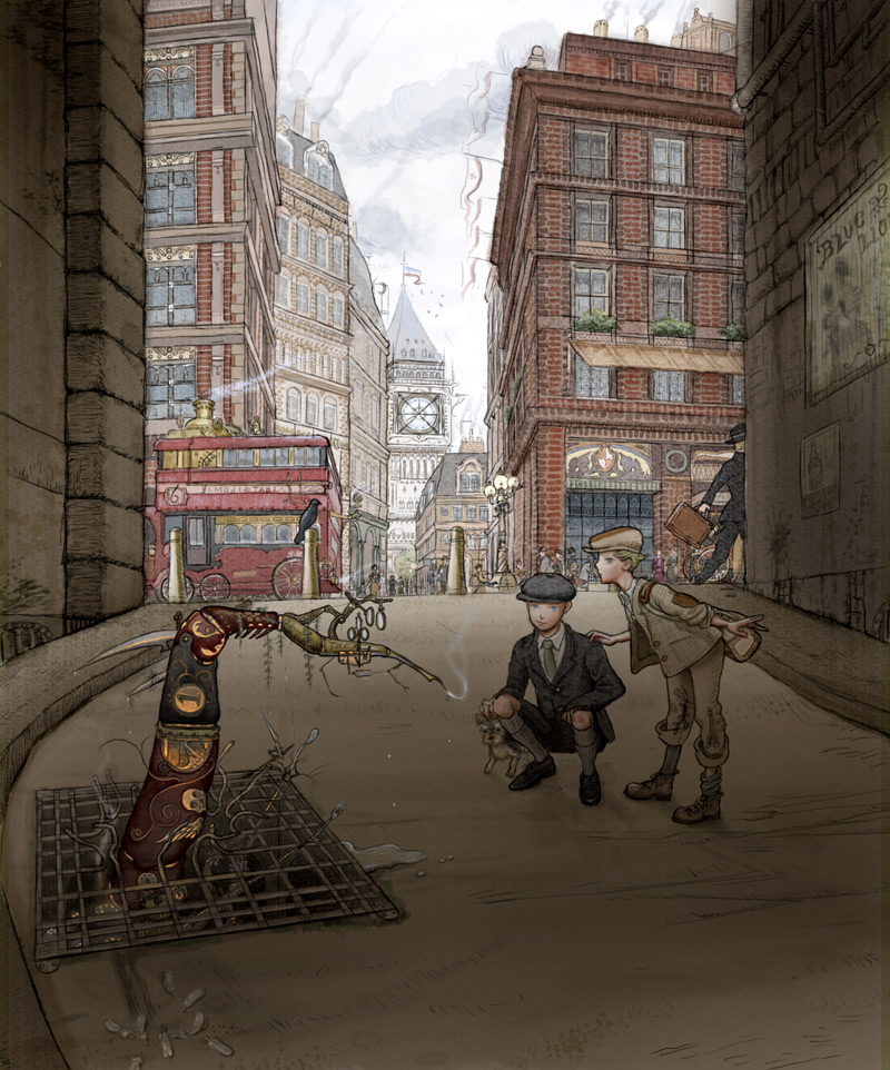 2boys bird bus child city cowboy_western dog double-decker_bus flag hat london male_focus motor_vehicle multiple_boys mushiyoshi outdoors road sewer sky smoke steampunk street vanishing_point vehicle