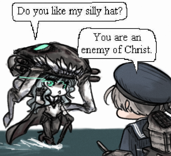 2girls abyssal_ship black_cape black_gloves blue_hat cape commentary drawfag english_commentary english_text gloves grey_hair hat kantai_collection meme multiple_girls pale_skin rigging sailor_collar tentacles third-party_source water white_background wo-class_aircraft_carrier z1_leberecht_maass_(kancolle)