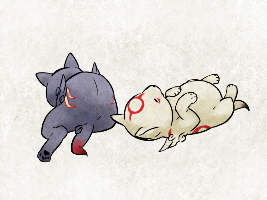 animal_focus chibi chibiterasu dark_chibiterasu dark_persona dog mojaranmo no_humans ookami_(game) ookamiden sleeping spoilers