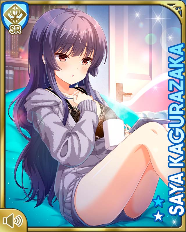 1girl :o bare_legs barefoot bedroom black_bra blue_hair bookcase bra brown_eyes card_(medium) character_name girlfriend_(kari) grey_hoodie grey_shorts hoodie indoors kagurazaka_saya long_hair mobile_phone night official_art open_mouth qp:flapper shorts sitting tagme underwear