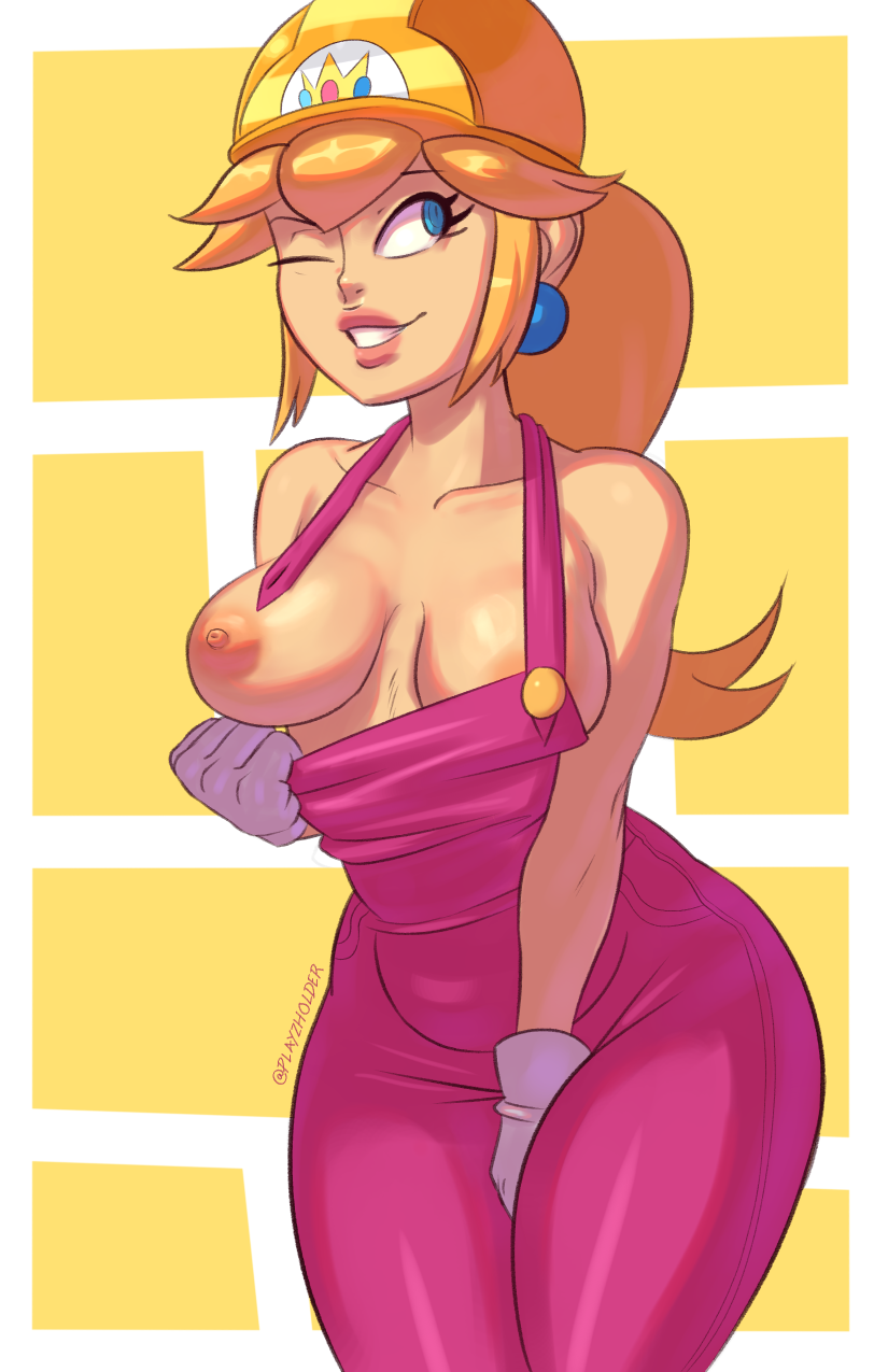 1girl alternate_costume areola_slip artist_name bare_arms bare_shoulders blonde_hair blue_eyes border breasts buttons collarbone crown_(symbol) earrings eyelashes gloves hand_on_lap hard_hat helmet highres jewelry large_breasts legs_together lips long_hair looking_away looking_up mario_(series) naked_overalls nintendo nipples no_bra nose nostrils one_breast_out one_eye_closed overalls overalls_pull parted_lips pink_lips pink_overalls playzholder pocket ponytail princess_peach smirk solo super_mario_bros._1 super_mario_maker twitter_username unbuttoned white_background white_border white_gloves wide_hips yellow_background yellow_headwear