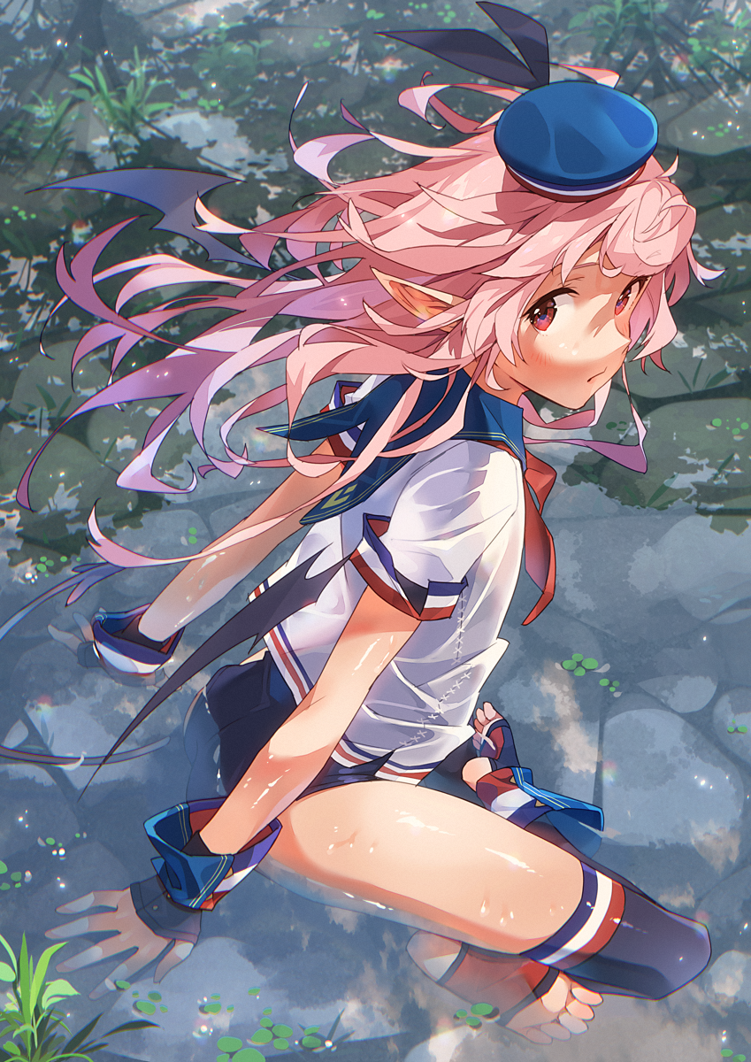 1girl ass black_bow black_thighhighs blue_hat blue_one-piece_swimsuit blue_sailor_collar bow commentary_request detached_sleeves female_focus from_side hat hat_bow highres long_hair looking_at_viewer narumi_arata neckerchief one-piece_swimsuit original parted_lips pink_eyes pink_hair pointy_ears recri_(narumi_arata) red_neckerchief sailor_collar sailor_hat school_swimsuit school_uniform serafuku shirt short_sleeves sitting soaking_feet solo stirrup_legwear swimsuit thighhighs toeless_legwear wet white_shirt