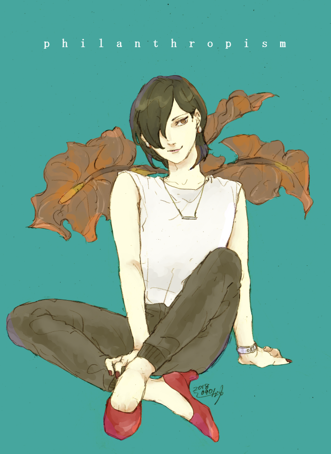 1boy alternate_costume bayu_(uyab003) black_hair blue_background crossdressing crossdressing_(mtf) earrings high_heels jewelry kurosu_jun male_focus nail_polish persona persona_2 persona_2_tsumi red_footwear red_nails short_hair sitting smile solo tank_top trap watch white_tank_top wristwatch