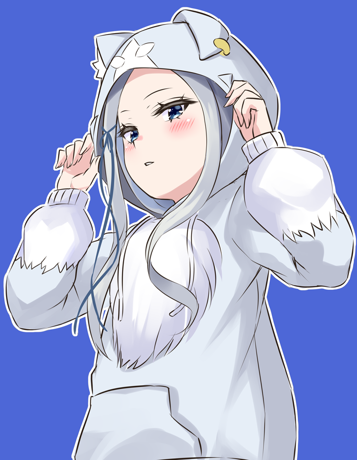 1girl alternate_costume alternate_hairstyle animal_ear_hood animal_ears animal_hood blue_background blue_eyes blue_ribbon blush cat_ears cat_hood commentary_request ear_piercing fake_animal_ears grey_hair grey_hoodie hair_ribbon holding_hoodie hood hoodie long_hair long_sleeves looking_at_viewer outline pandora_(re:zero) piercing pocket re:zero_kara_hajimeru_isekai_seikatsu ribbon s_(hdru2332) solo standing white_hair white_outline