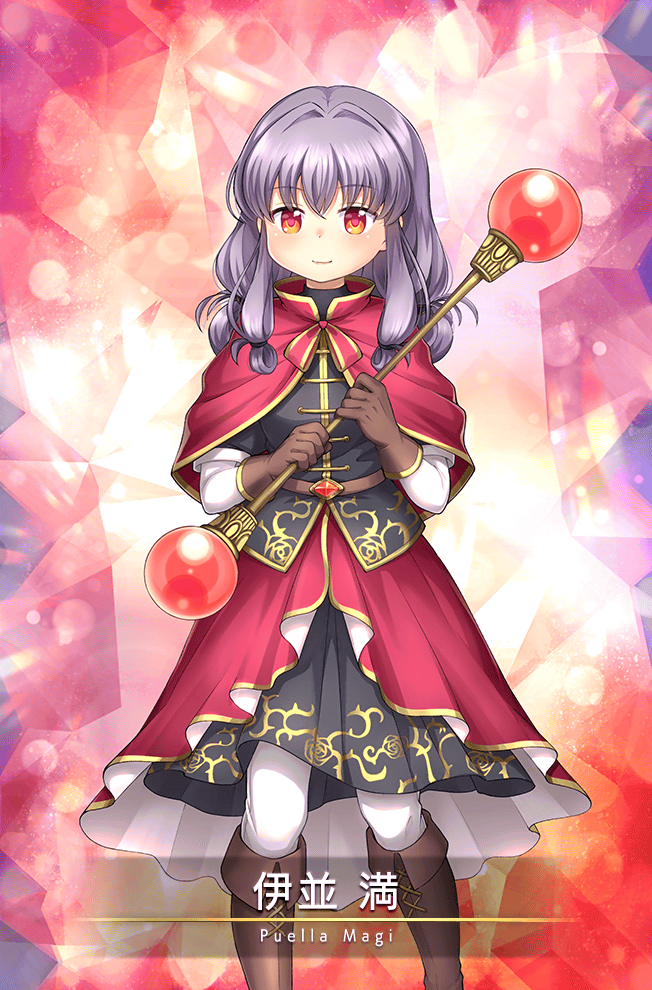1girl baton_(weapon) belt bishie_sparkle black_shirt black_skirt boots bow bowtie brown_belt brown_boots brown_gloves capelet card_(medium) character_name closed_mouth collared_capelet diamond_(gemstone) dot_nose feet_out_of_frame floral_print game_cg gem gloves grey_hair hair_between_eyes hair_rings high_collar holding holding_baton_(weapon) holding_weapon inami_mitsuru knee_boots lace-up_boots layered_skirt layered_sleeves light_blush light_particles long_hair long_sleeves looking_at_viewer magia_record:_mahou_shoujo_madoka_magica_gaiden magical_girl mahou_shoujo_madoka_magica mai_(maittingu) medium_skirt official_art pants pants_under_skirt pink_lips pleated_skirt red_background red_bow red_bowtie red_capelet red_eyes red_gemstone red_skirt rose_print shirt short_over_long_sleeves short_sleeves sidelocks skirt smile solo turtleneck turtleneck_shirt two-sided_fabric two-sided_skirt weapon white_pants white_skirt white_sleeves