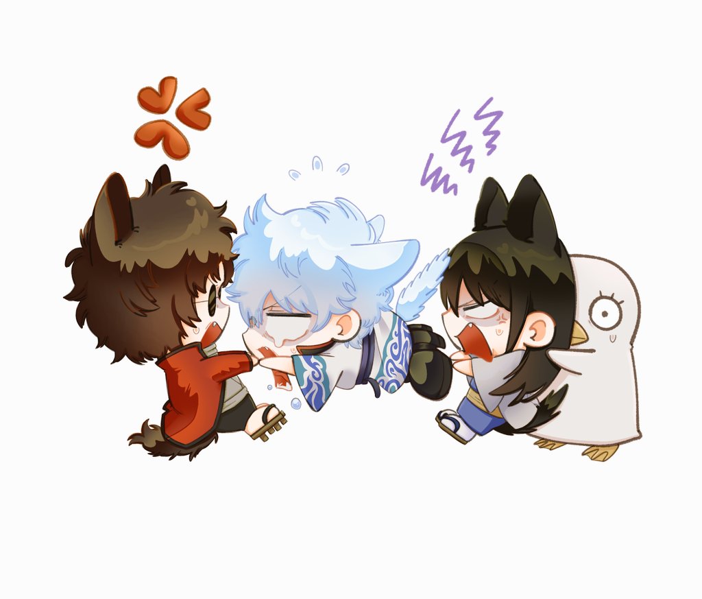 1other 3boys anger_vein angry animal_ears black_hair blue_hair brown_hair cat_boy cat_ears cat_tail chibi chibi_only coat commentary crying dog_boy dog_ears dog_tail elizabeth_(gintama) gintama japanese_clothes katsura_kotarou kemonomimi_mode kgymkou1205 kimono long_hair male_focus multiple_boys open_mouth red_coat sakamoto_tatsuma sakata_gintoki sandals short_hair tail tears white_background white_kimono
