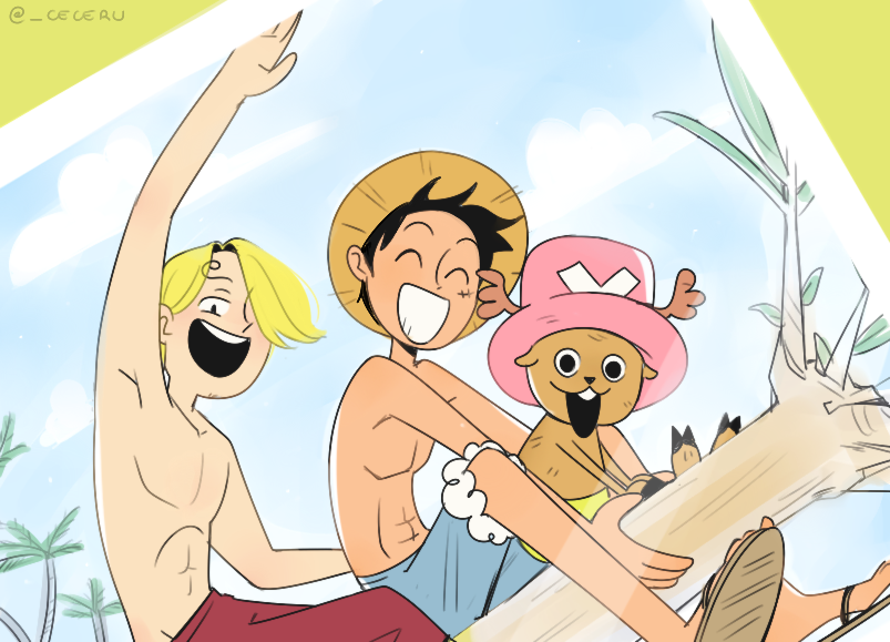 3boys ^_^ antlers black_hair blonde_hair blue_shorts cesel closed_eyes commentary cross curly_eyebrows hair_over_one_eye hat horns male_focus monkey_d._luffy multiple_boys one_piece photo_(object) reindeer_antlers sanji_(one_piece) scar scar_on_face short_hair shorts sitting straw_hat tony_tony_chopper topless_male