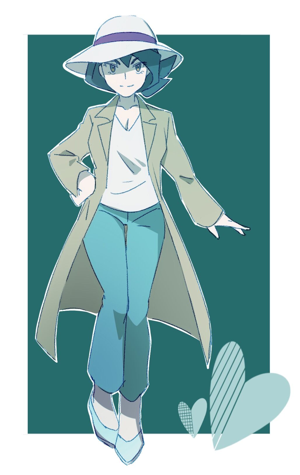 1girl breasts brown_coat cleavage closed_mouth coat commentary_request eyelashes full_body green_pants hand_on_own_hip hat highres long_sleeves looking_at_viewer maxwell_yaochu medium_breasts nintendo onia_(pokemon) open_clothes open_coat outline pants pokemon pokemon_(anime) pokemon_horizons shirt shoes smile solo standing