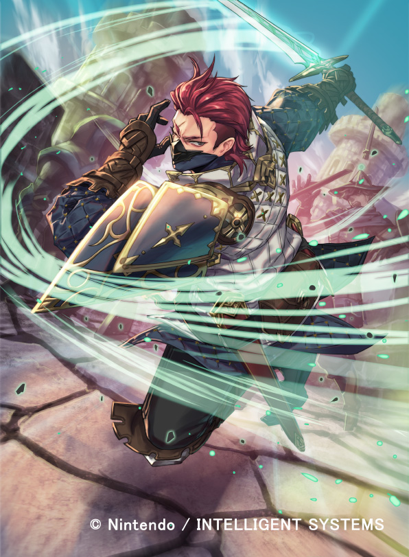 3boys alternate_costume armor belt faceless faceless_male fire_emblem fire_emblem_cipher fire_emblem_fates gloves helmet kuroba.k male_focus mask multiple_boys nintendo official_art polearm red_eyes red_hair saizo_(fire_emblem) scar sky solo_focus spear sword weapon