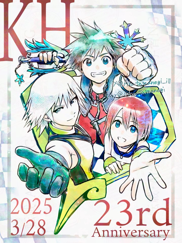 1girl 2boys akatamanegi_ill anniversary bare_shoulders black_gloves blue_eyes brown_hair camisole chain chain_necklace clenched_hand closed_mouth cropped_jacket dated fingerless_gloves gloves grin hair_between_eyes holding holding_weapon jewelry kairi_(kingdom_hearts) keyblade kingdom_hearts looking_at_viewer multiple_boys necklace outstretched_hand over_shoulder overalls parted_lips red_hair red_overalls riku_(kingdom_hearts) shirt short_hair smile sora_(kingdom_hearts) spiked_hair teeth upper_body weapon weapon_over_shoulder white_camisole white_gloves white_hair yellow_shirt