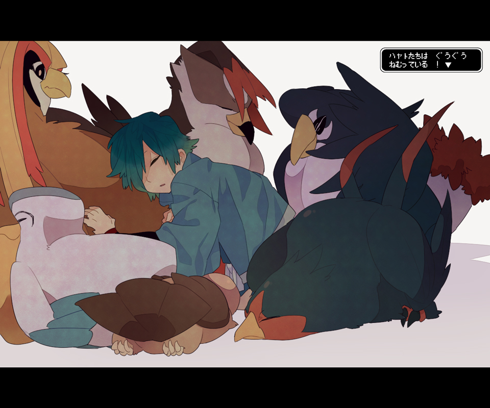 1boy bird closed_eyes falkner_(pokemon) gen_1_pokemon gen_2_pokemon gen_3_pokemon gen_4_pokemon hair_over_one_eye honchkrow male_focus menoco nintendo noctowl parted_lips pelipper pidgeot pokemon pokemon_hgss short_hair simple_background sleeping staraptor swellow white_background