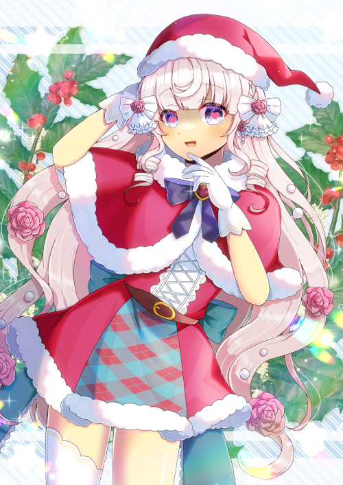 1girl :d arm_behind_head arm_up belt belt_buckle blue_bow bow braid brown_belt brown_hair buckle capelet commission diagonal_stripes dress flower fur-trimmed_capelet fur-trimmed_dress fur-trimmed_headwear fur_trim gloves hair_flower hair_ornament hand_up hat heart heart-shaped_pupils himeno_aimu indie_virtual_youtuber kou_hiyoyo long_hair looking_at_viewer open_mouth pink_flower plaid_clothes plaid_dress red_capelet red_dress red_hat santa_costume santa_hat shaded_face single_thighhigh skeb_commission smile solo standing striped_background symbol-shaped_pupils thighhighs very_long_hair virtual_youtuber white_gloves white_thighhighs