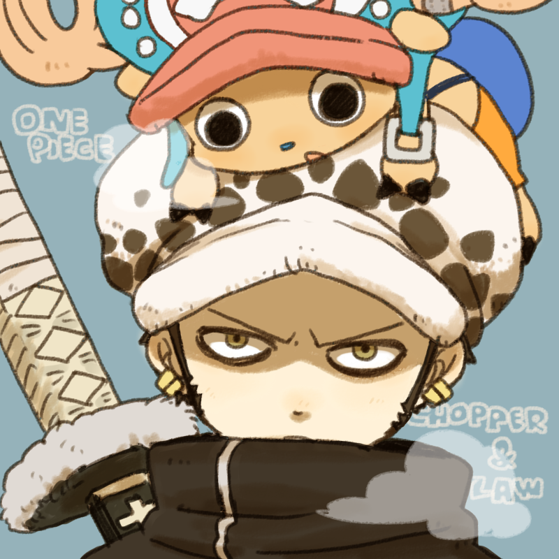 2boys character_name copyright_name doctor frown hat head_perch jacket multiple_boys one_piece punk_hazard reindeer scabbard sheath sword tony_tony_chopper trafalgar_law weapon yukke