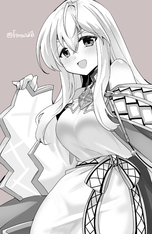 1girl bare_shoulders breasts circlet dress fire_emblem fire_emblem:_genealogy_of_the_holy_war happy julia_(fire_emblem) large_breasts long_hair looking_at_viewer monochrome nintendo open_mouth sash simple_background solo tight_clothes tight_dress wide_sleeves yukia_(firstaid0)