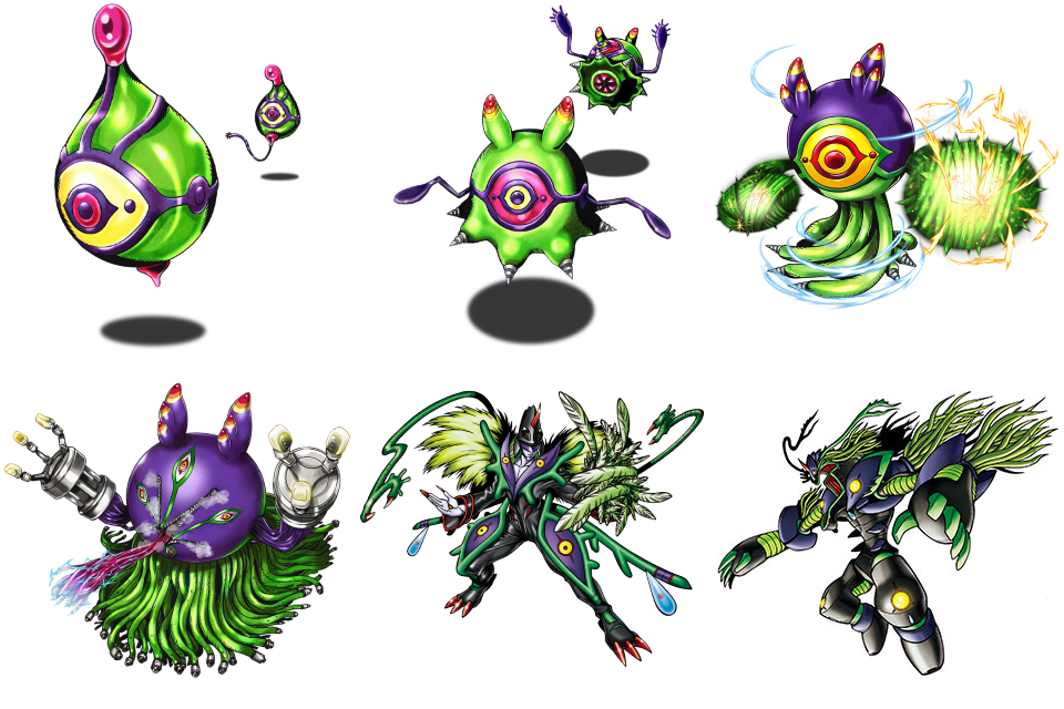 algomon algomon_adult algomon_baby_i algomon_baby_ii algomon_child algomon_perfect algomon_ultimate digimon evolution evolutionary_line feathers multiple_eyes official_art tentacles yellow_eyes
