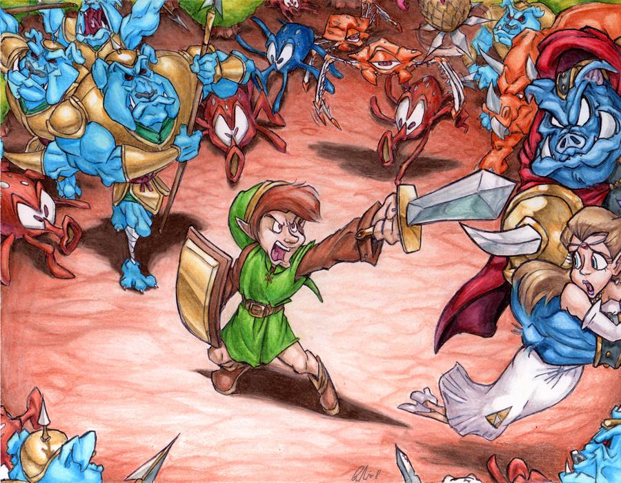 1boy 1girl angry battle blonde_hair blue_eyes brendan_corris brown_hair demon dress elf ganon hat high_heels imminent_rape link moblin monster nervous nintendo octorok peahat pig pointy_ears polearm princess_zelda shield spear sword tektite the_legend_of_zelda the_legend_of_zelda_(nes) triforce weapon white_dress white_eyes wizard
