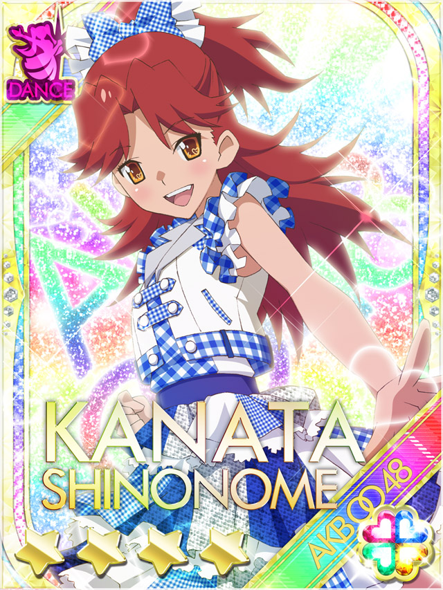 1girl :d akb0048 blue_bow blue_dress bow card_(medium) character_name clenched_hand copyright_name dress dutch_angle gingham_bow gingham_dress hair_bow heart high_ponytail idol_clothes jacket long_hair non-circular_lens_flare non-web_source official_art open_mouth orange_eyes outstretched_arm ponytail reaching reaching_towards_viewer red_hair shinonome_kanata short_sleeves smile solo sparkle star_(symbol) teeth three_quarter_view upper_teeth_only
