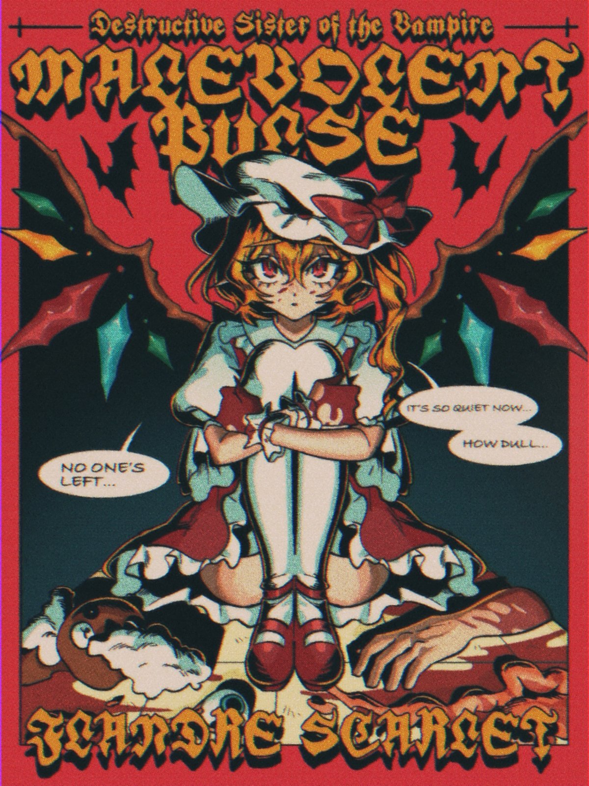 ... 1girl ass bat_(animal) bat_wings blonde_hair blood blood_on_clothes blood_on_face blood_on_ground blood_on_hands blood_stain blue_eyes blue_gemstone collared_shirt dialogue_box disembodied_hand english_text eyeball flandre_scarlet frilled_hat frilled_shirt frilled_shirt_collar frilled_skirt frilled_sleeves frilled_wristband frills gem green_gemstone hair_between_eyes hat hat_ornament hat_ribbon highres holding_own_leg intestines jewelry mary_janes medium_hair mememedama10 mob_cap ponytail poster_(medium) puffy_short_sleeves puffy_sleeves red_eyes red_gemstone red_ribbon red_shoes red_skirt red_vest ribbon shirt shoes short_sleeves side_ponytail silhouette sitting skirt speech_bubble stuffed_animal stuffed_toy teddy_bear thighhighs touhou toy vampire vest white_hat white_shirt white_thighhighs wings wristband yellow_gemstone