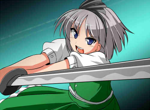 &gt;:o 1girl :o black_ribbon blue_eyes female_focus green_skirt green_vest hair_ribbon hairband holding holding_sword holding_weapon honda_takaharu incoming_attack jpeg_artifacts katana konpaku_youmu looking_at_viewer lowres open_mouth parody puffy_short_sleeves puffy_sleeves ribbon short_hair short_sleeves silver_hair skirt skirt_set solo star_ocean star_ocean_ex star_ocean_the_second_story sword touhou upper_body v-shaped_eyebrows vest weapon
