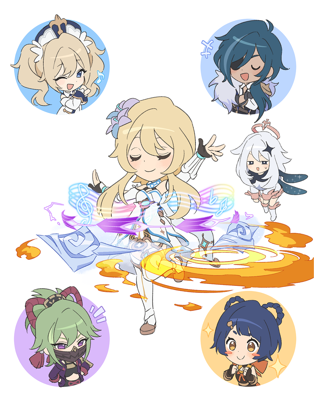 1boy 5girls angduuuu_(ghost) barbara_(genshin_impact) blonde_hair blue_hair chibi closed_eyes commentary dark-skinned_male dark_skin detached_sleeves dress electricity english_commentary eyepatch fire flower genshin_impact gloves green_hair hair_between_eyes hair_ornament highres kaeya_(genshin_impact) kuki_shinobu lumine_(genshin_impact) mask mouth_mask multiple_girls musical_note ninja_mask one_eye_closed open_mouth paimon_(genshin_impact) partially_fingerless_gloves simple_background sparkle sweat white_dress xiangling_(genshin_impact)