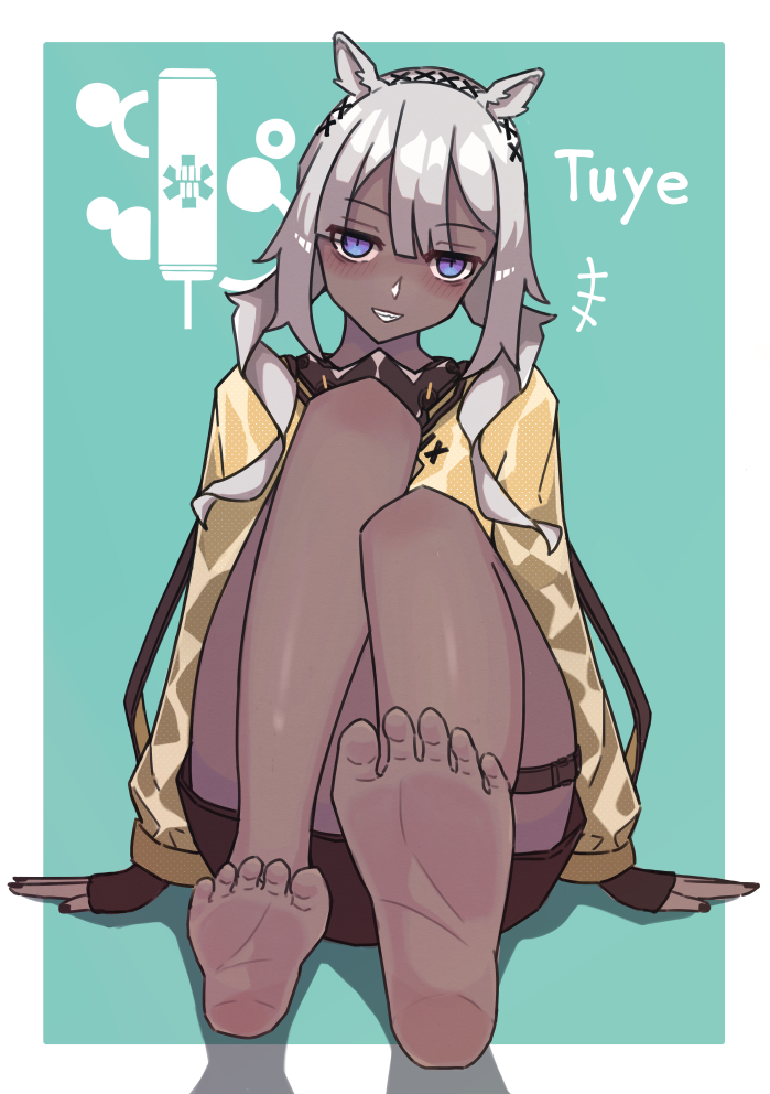 1girl animal_ears arknights black_gloves black_nails blush camel_ears character_name commentary_request dark-skinned_female dark_skin feet fingerless_gloves foot_focus gloves grey_hair hair_between_eyes jacket long_hair long_sleeves looking_at_viewer muniru_626 purple_eyes smile solo thigh_strap tuye_(arknights) white_hair